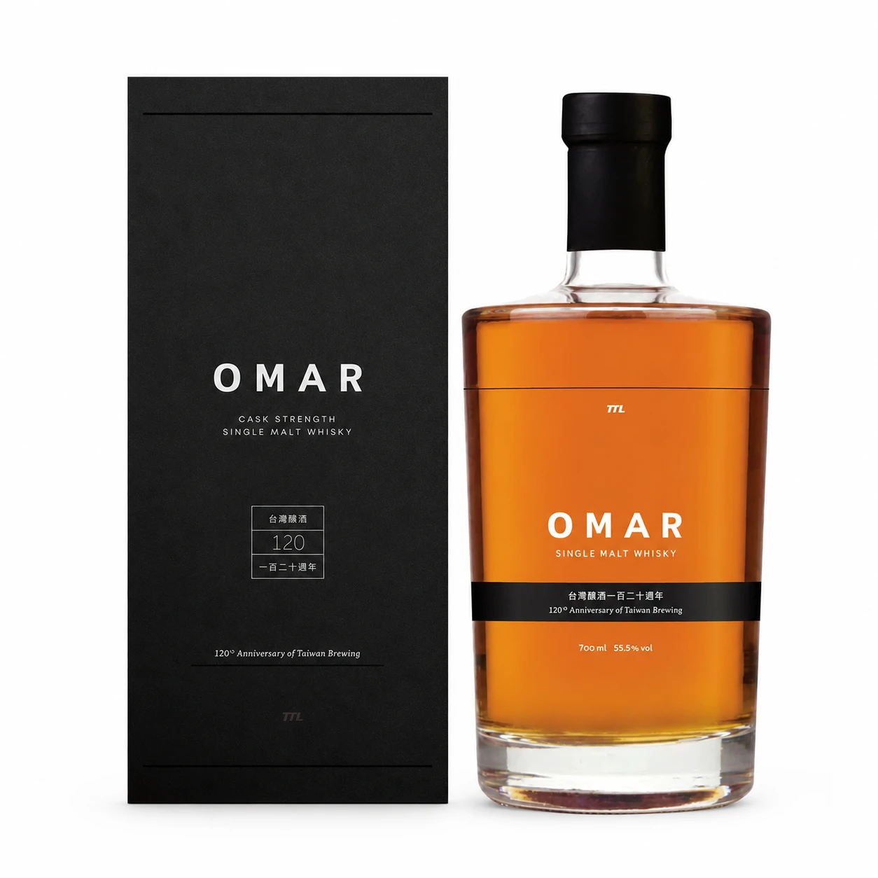 OMAR台灣釀酒120週年紀念原桶強度威士忌酒瓶與黑色外盒
