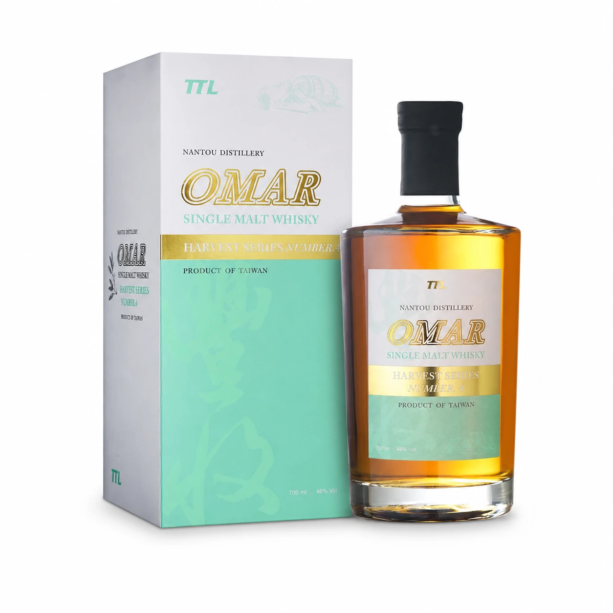 OMAR豐收系列NO.4單一麥芽威士忌酒瓶與薄荷綠外盒