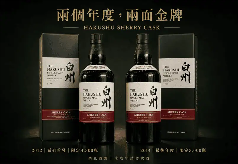 白州 Sherry Cask 2012 與 2014 年度限定雪莉桶酒瓶及原盒