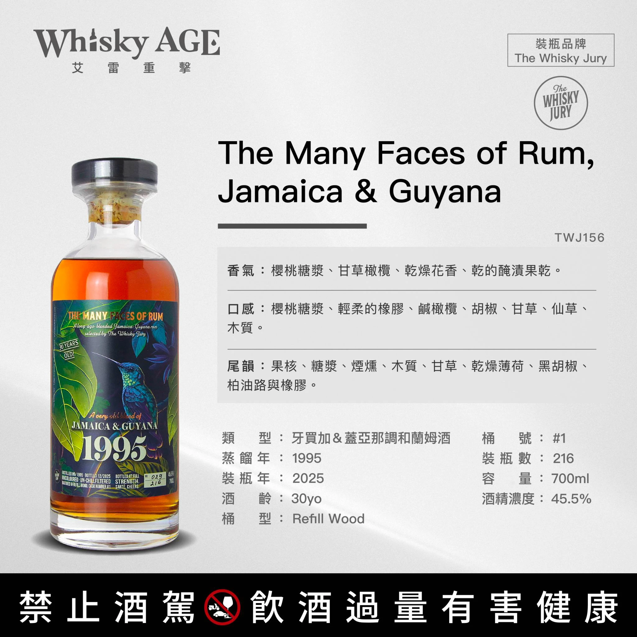 The Whisky Jury, The Many Faces of Rum, Jamaica & Guyana, 1995, 2025, 30yo, Refill Wood, 45.5%:圖片 2